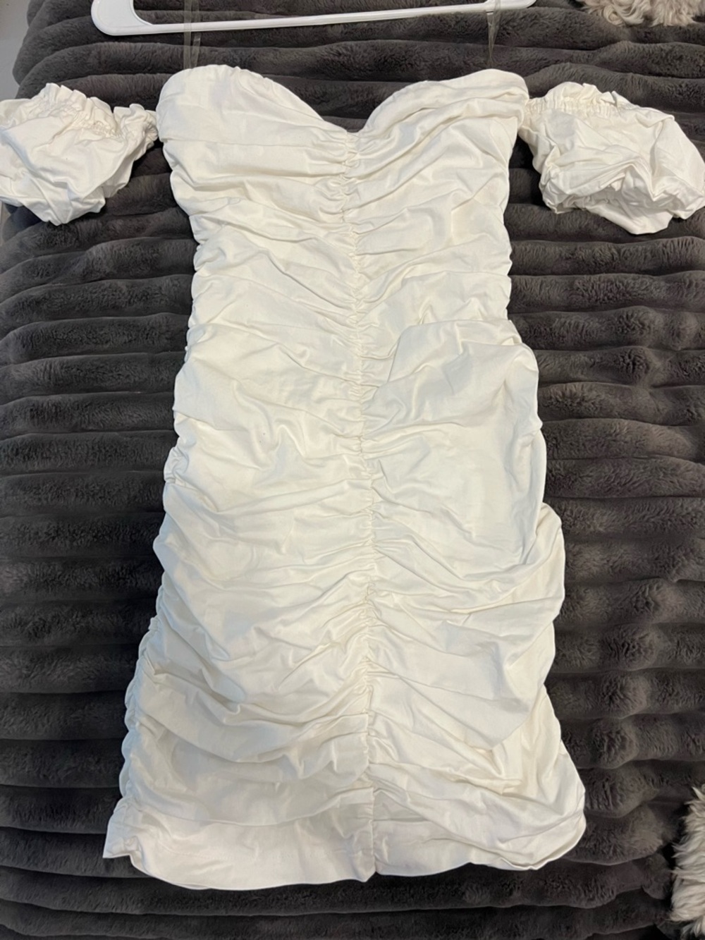 Petal & Pup White Strapless Ruched Mini Dress with Puff Sleeves